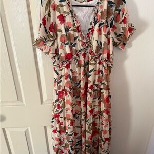 Source Unknown Floral Midi Dress in Red and Cream